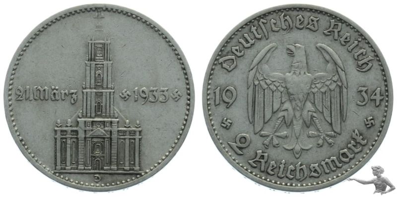 3. Reich 2 Mark 1934 D | Garnisonskirche von Potsdam mit dem Datum 21. März 1933